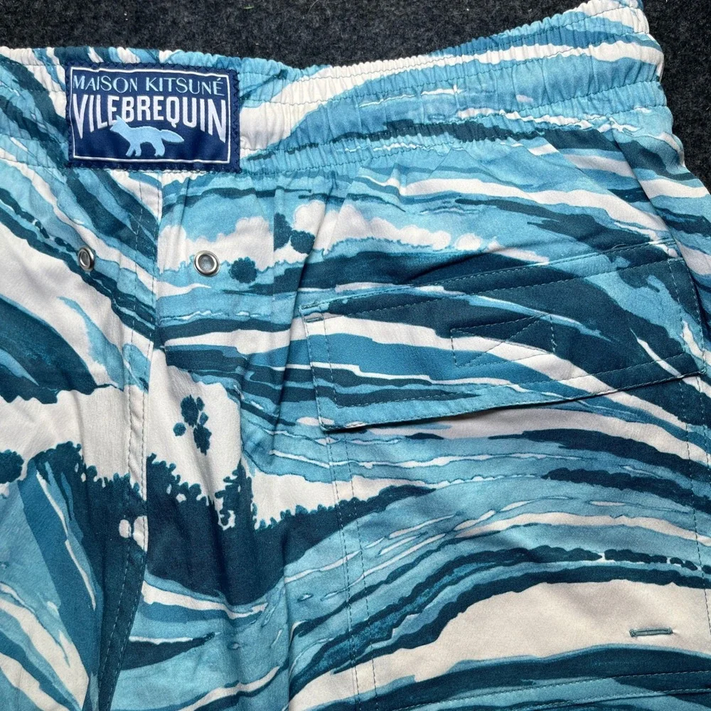 Maison Kitsune Vilebrequin Swim Trunks Mens L Blue NWT Moorise Wave Print Shorts